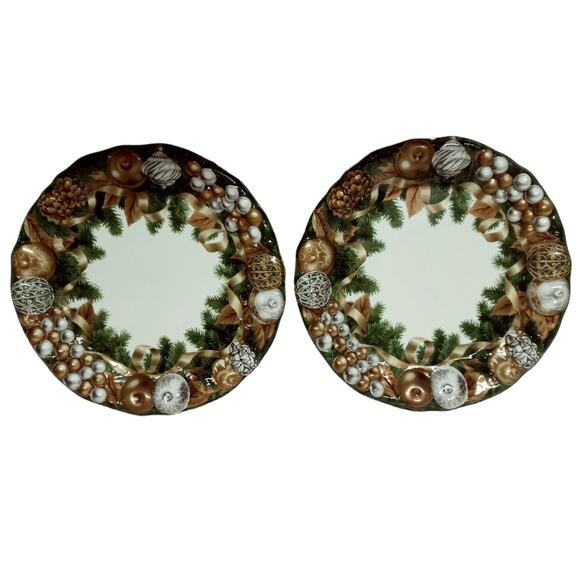 Vintage Green Gold Christmas Serving Trays Platters Decor Set of 2 Plastic 11" - Picture 9 of 11